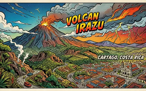 Pop-Art-Comicillustration des Wahrzeichens Irazu-Vulkan in Cartago Costa Rica, kraeftige Konturen Rasterpunkte und satte Farben - Foto: THN