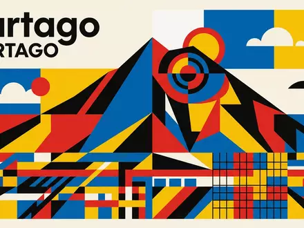 Bauhaus-Poster als geometrische Abstraktion von Irazu-Vulkan in Cartago Costa Rica, kraeftige Grundfarben und harte Formkanten - Foto: THN