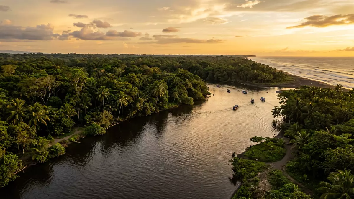 Fotorealistische Ansicht von Tortuguero-Nationalpark in Tortuguero, Costa Rica im Abendlicht