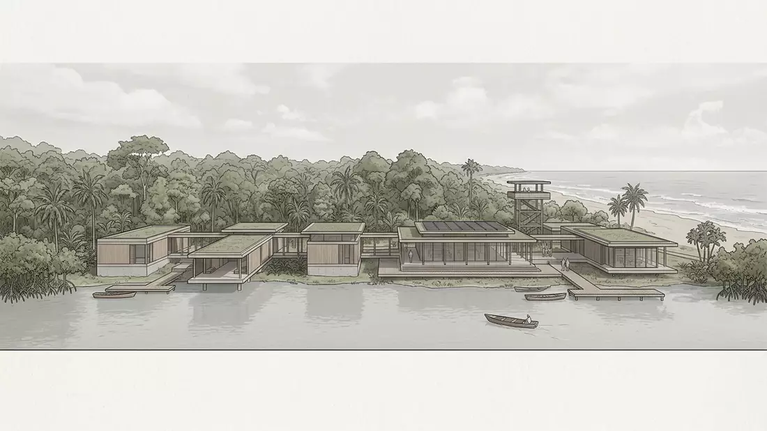 Architektur-Render von Tortuguero-Nationalpark in Tortuguero, Costa Rica bei Tageslicht