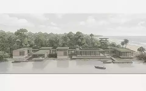 Moderner Architektur-Render zeigt Silhouette von Tortuguero-Nationalpark in Tortuguero Costa Rica, klare Linien und neutrales Tageslicht - Foto: THN