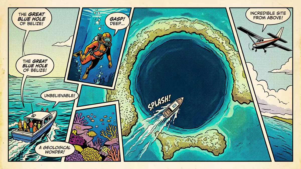 Pop-Art-Comic von Great Blue Hole in Lighthouse Reef, Belize mit Rasterpunkten