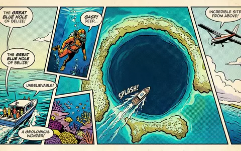 Pop-Art-Comicillustration des Wahrzeichens Great Blue Hole in Lighthouse Reef Belize, kraeftige Konturen Rasterpunkte und satte - Foto: THN
