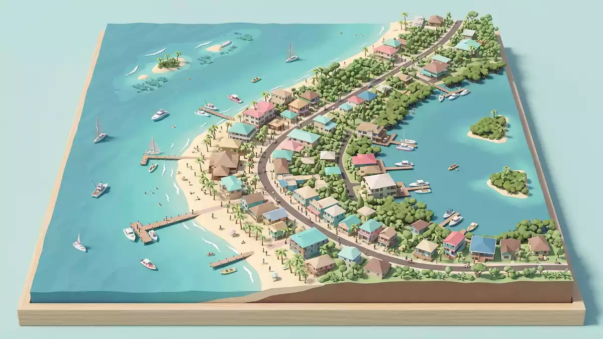 Isometrisches Diorama von Placencia Beach in Placencia, Belize in Pastell