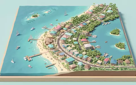 Isometrisches Diorama von Placencia Beach und Umgebung in Placencia Belize, verspielte Low-Poly-Kulisse in Pastellfarben - Foto: THN