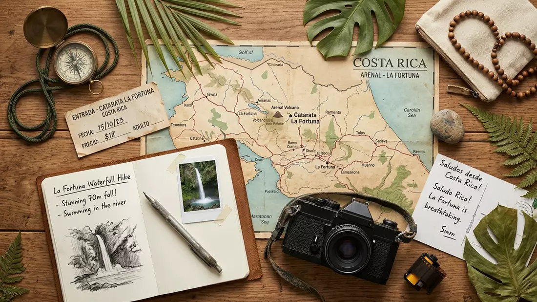 Flatlay-Reise-Arrangement rund um La-Fortuna-Wasserfall in La Fortuna, Costa Rica