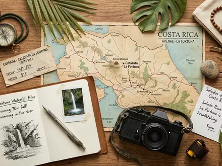 Flatlay-Reise-Arrangement rund um La-Fortuna-Wasserfall in La Fortuna Costa Rica, Karte Kompass Kamera und generische Reiserequisiten - Foto: THN