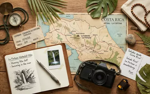 Flatlay-Reise-Arrangement rund um La-Fortuna-Wasserfall in La Fortuna Costa Rica, Karte Kompass Kamera und generische Reiserequisiten - Foto: THN
