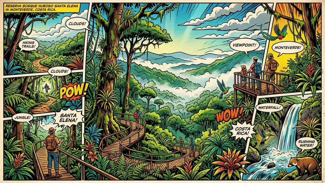 Pop-Art-Comic von Nebelwald Santa Elena in Monteverde, Costa Rica mit Rasterpunkten