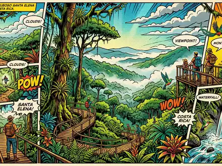 Pop-Art-Comicillustration des Wahrzeichens Nebelwald Santa Elena in Monteverde Costa Rica, kraeftige Konturen Rasterpunkte und satte - Foto: THN