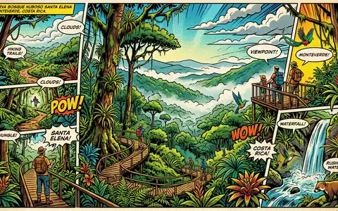 Pop-Art-Comicillustration des Wahrzeichens Nebelwald Santa Elena in Monteverde Costa Rica, kraeftige Konturen Rasterpunkte und satte - Foto: THN