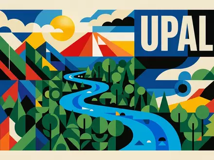 Bauhaus-Poster als geometrische Abstraktion von Rio Celeste in Upala Costa Rica, kraeftige Grundfarben und harte - Foto: THN