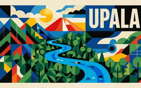 Bauhaus-Poster als geometrische Abstraktion von Rio Celeste in Upala Costa Rica, kraeftige Grundfarben und harte - Foto: THN