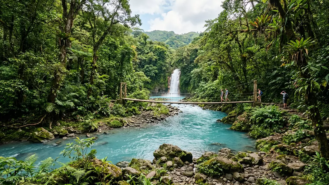 Editorial-Reisemagazinbild vom Wahrzeichen Rio Celeste in Upala, Costa Rica