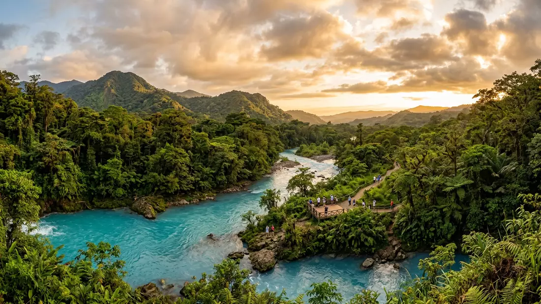 Fotorealistische Ansicht von Rio Celeste in Upala, Costa Rica im Abendlicht