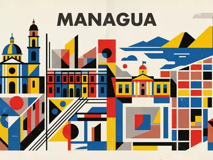 Bauhaus-Poster als geometrische Abstraktion von Managua Altstadt in Managua Nicaragua, kraeftige Grundfarben und harte Formkanten - Foto: THN