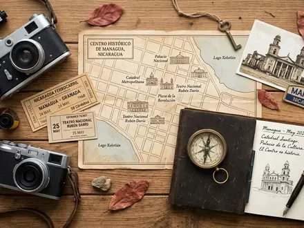 Flatlay-Reise-Arrangement rund um Managua Altstadt in Managua Nicaragua, Karte Kompass Kamera und generische Reiserequisiten - Foto: THN