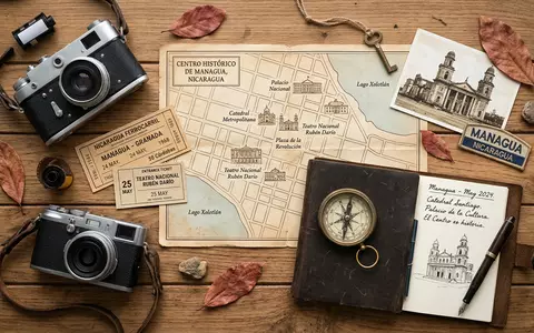 Flatlay-Reise-Arrangement rund um Managua Altstadt in Managua Nicaragua, Karte Kompass Kamera und generische Reiserequisiten - Foto: THN