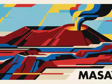 Bauhaus-Poster als geometrische Abstraktion von Masaya-Vulkan-Nationalpark in Masaya Nicaragua, kraeftige Grundfarben und harte Formkanten - Foto: THN