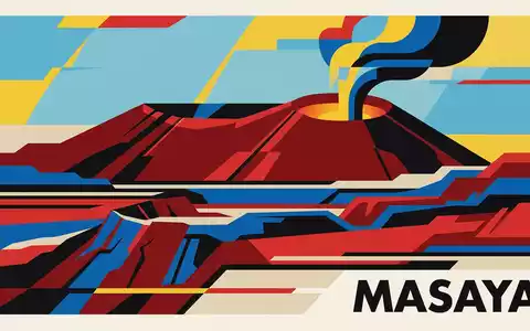 Bauhaus-Poster als geometrische Abstraktion von Masaya-Vulkan-Nationalpark in Masaya Nicaragua, kraeftige Grundfarben und harte Formkanten - Foto: THN