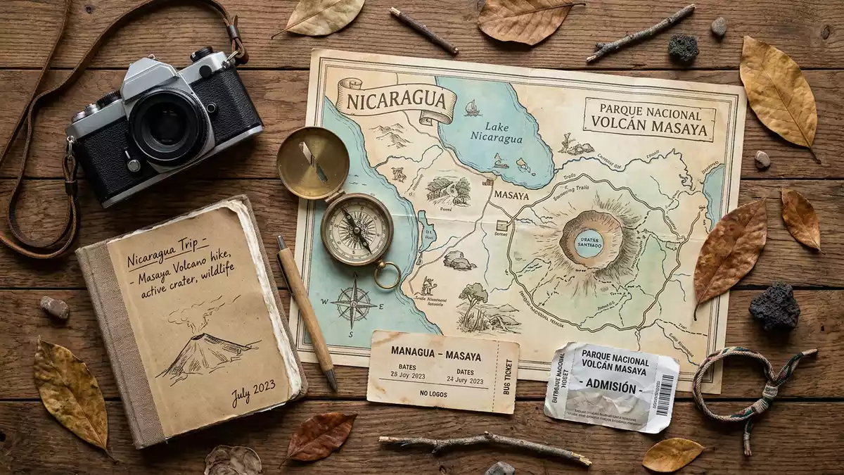 Flatlay-Reise-Arrangement rund um Masaya-Vulkan-Nationalpark in Masaya, Nicaragua