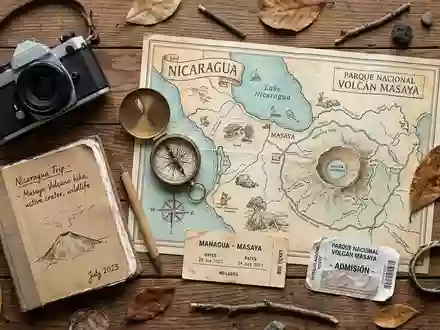 Flatlay-Reise-Arrangement rund um Masaya-Vulkan-Nationalpark in Masaya Nicaragua, Karte Kompass Kamera und generische Reiserequisiten - Foto: THN