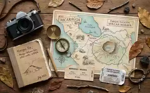 Flatlay-Reise-Arrangement rund um Masaya-Vulkan-Nationalpark in Masaya Nicaragua, Karte Kompass Kamera und generische Reiserequisiten - Foto: THN
