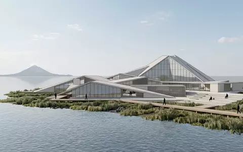 Moderner Architektur-Render zeigt Silhouette von Ometepe-Insel in Ometepe Nicaragua, klare Linien und neutrales Tageslicht - Foto: THN