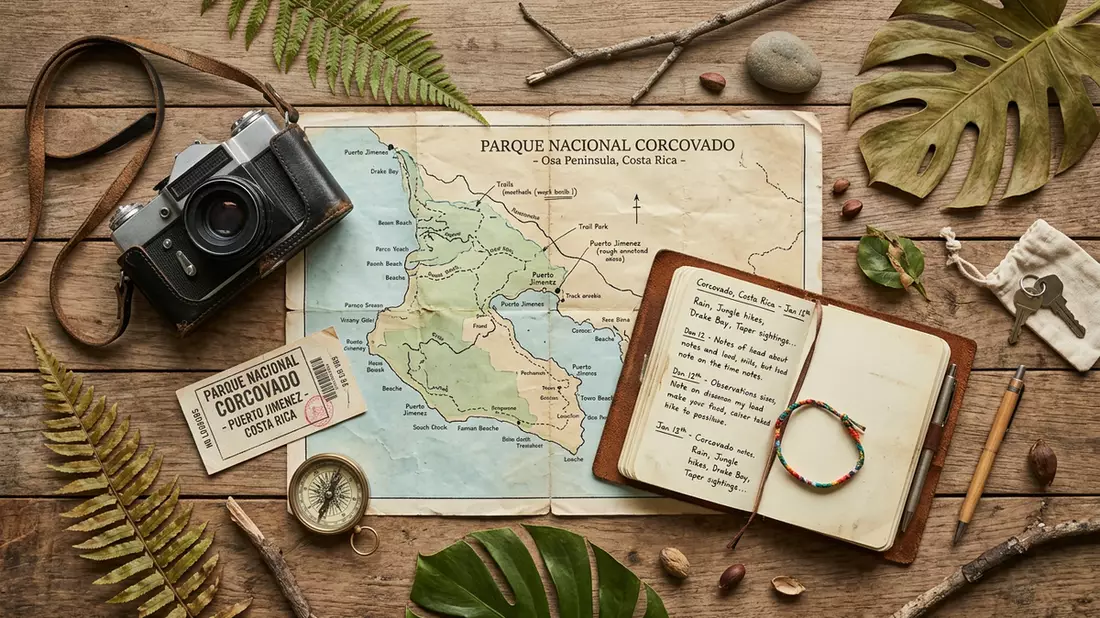 Flatlay-Reise-Arrangement rund um Corcovado-Nationalpark in Puerto Jimenez, Costa Rica