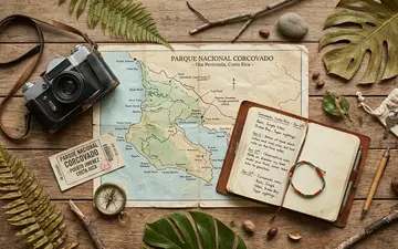 Flatlay-Reise-Arrangement rund um Corcovado-Nationalpark in Puerto Jimenez Costa Rica, Karte Kompass Kamera und generische Reiserequisiten - Foto: THN