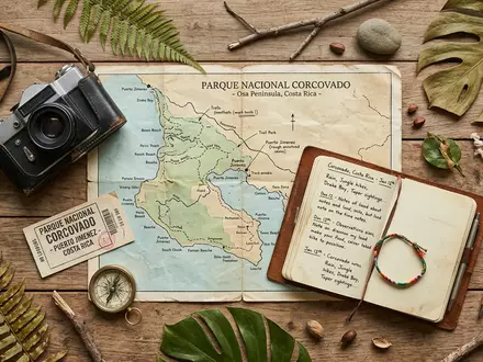 Flatlay-Reise-Arrangement rund um Corcovado-Nationalpark in Puerto Jimenez Costa Rica, Karte Kompass Kamera und generische Reiserequisiten - Foto: THN