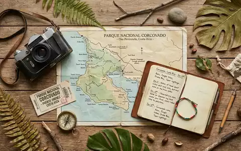Flatlay-Reise-Arrangement rund um Corcovado-Nationalpark in Puerto Jimenez Costa Rica, Karte Kompass Kamera und generische Reiserequisiten - Foto: THN