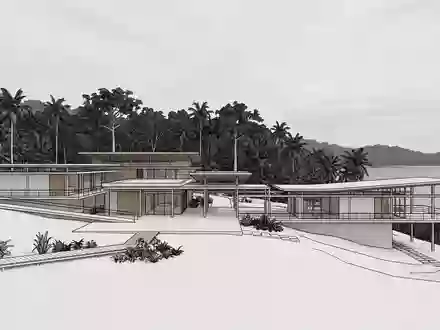 Moderner Architektur-Render zeigt Silhouette von Corcovado-Nationalpark in Puerto Jimenez Costa Rica, klare Linien und neutrales - Foto: THN