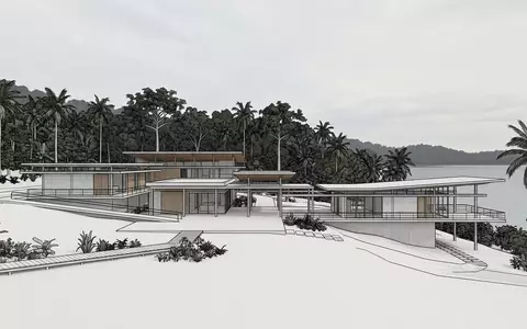 Moderner Architektur-Render zeigt Silhouette von Corcovado-Nationalpark in Puerto Jimenez Costa Rica, klare Linien und neutrales - Foto: THN