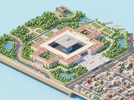 Isometrisches Diorama von Nationalmuseum für Anthropologie und Umgebung in Mexiko-Stadt Mexiko, verspielte Low-Poly-Kulisse in Pastellfarben - Foto: THN