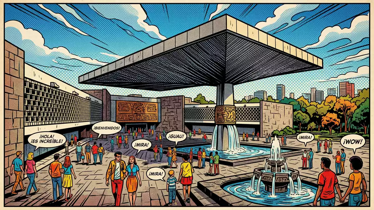 Pop-Art-Comic von Nationalmuseum für Anthropologie in Mexiko-Stadt, Mexiko mit Rasterpunkten