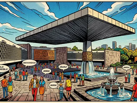 Pop-Art-Comicillustration des Wahrzeichens Nationalmuseum für Anthropologie in Mexiko-Stadt Mexiko, kraeftige Konturen Rasterpunkte und satte Farben - Foto: THN