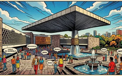 Pop-Art-Comicillustration des Wahrzeichens Nationalmuseum für Anthropologie in Mexiko-Stadt Mexiko, kraeftige Konturen Rasterpunkte und satte Farben - Foto: THN
