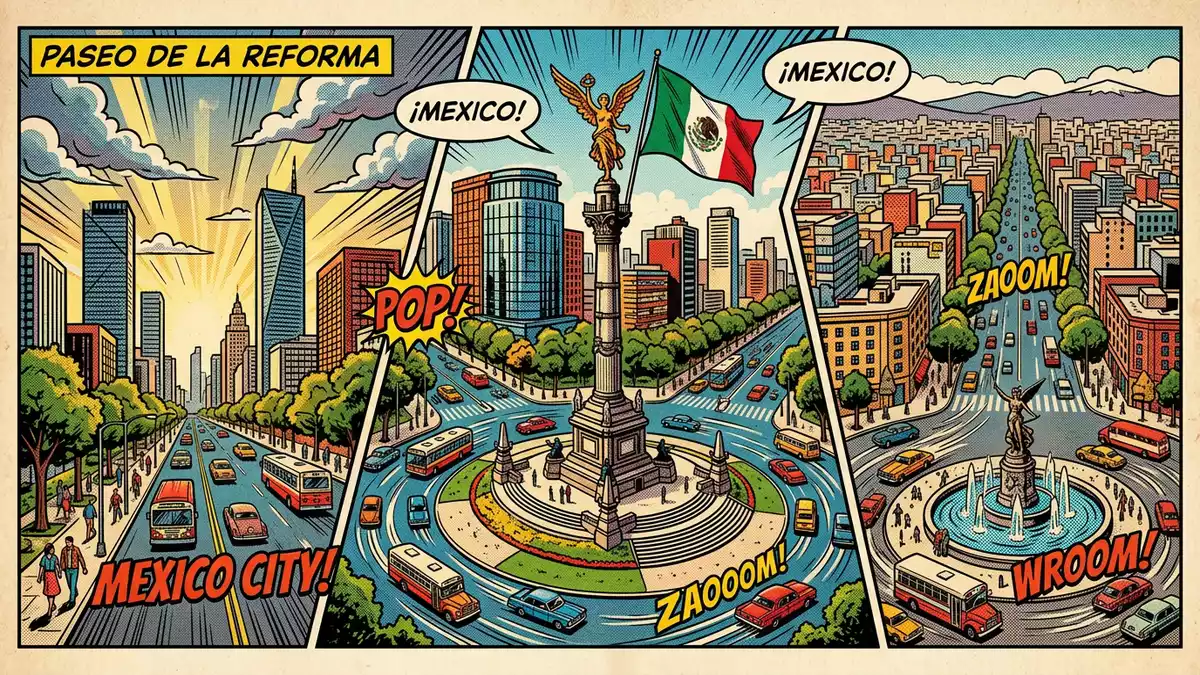 Pop-Art-Comic von Paseo de la Reforma in Mexiko-Stadt, Mexiko mit Rasterpunkten