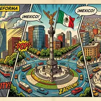 Pop-Art-Comicillustration des Wahrzeichens Paseo de la Reforma in Mexiko-Stadt Mexiko, kraeftige Konturen Rasterpunkte und satte - Foto: THN