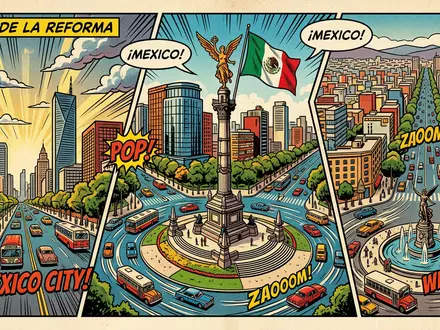 Pop-Art-Comicillustration des Wahrzeichens Paseo de la Reforma in Mexiko-Stadt Mexiko, kraeftige Konturen Rasterpunkte und satte - Foto: THN