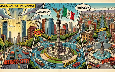 Pop-Art-Comicillustration des Wahrzeichens Paseo de la Reforma in Mexiko-Stadt Mexiko, kraeftige Konturen Rasterpunkte und satte - Foto: THN