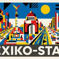 Bauhaus-Poster als geometrische Abstraktion von Paseo de la Reforma in Mexiko-Stadt Mexiko, kraeftige Grundfarben und - Foto: THN