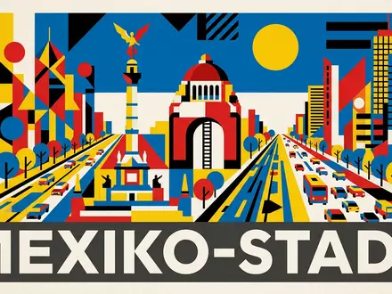 Bauhaus-Poster als geometrische Abstraktion von Paseo de la Reforma in Mexiko-Stadt Mexiko, kraeftige Grundfarben und - Foto: THN