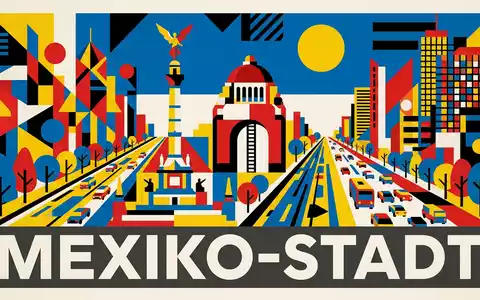 Bauhaus-Poster als geometrische Abstraktion von Paseo de la Reforma in Mexiko-Stadt Mexiko, kraeftige Grundfarben und - Foto: THN