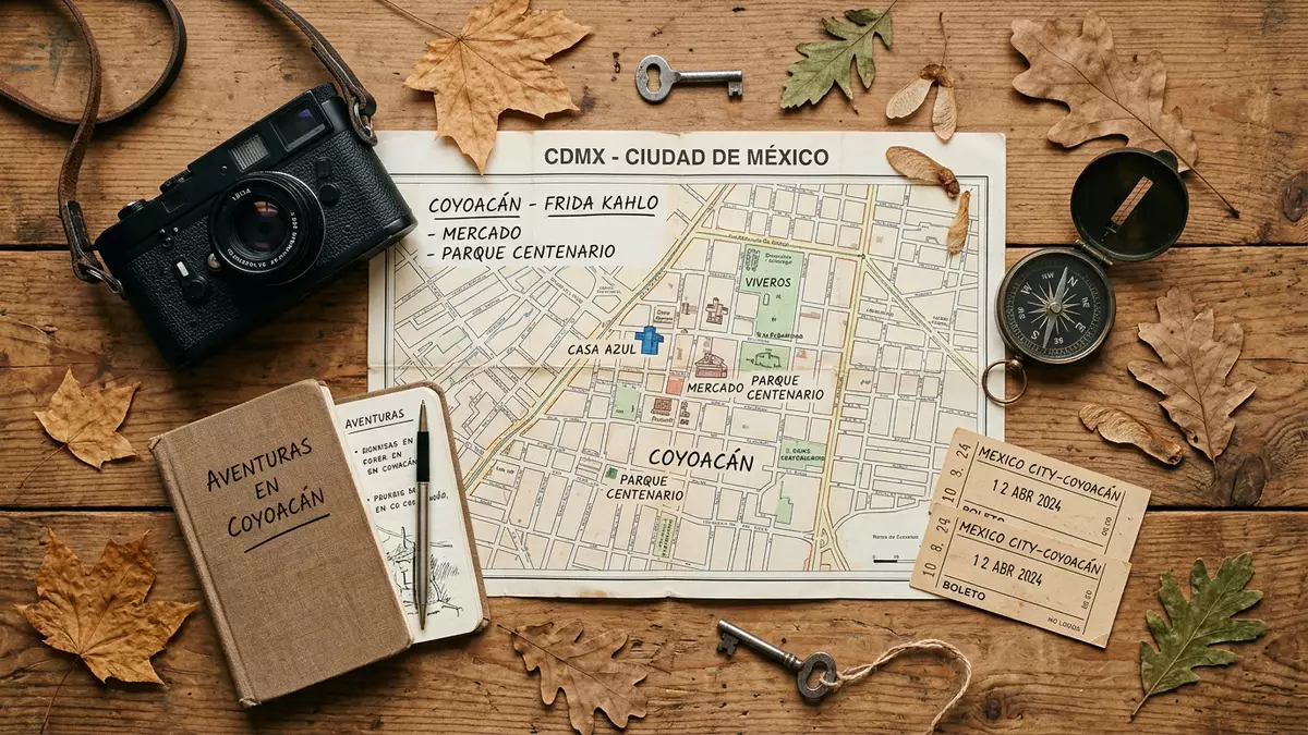 Flatlay-Reise-Arrangement rund um Coyoacan in Mexiko-Stadt, Mexiko