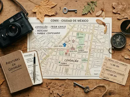 Flatlay-Reise-Arrangement rund um Coyoacan in Mexiko-Stadt Mexiko, Karte Kompass Kamera und generische Reiserequisiten - Foto: THN