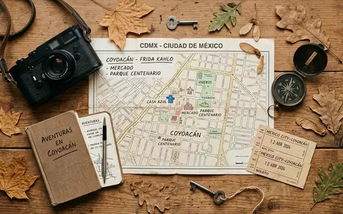 Flatlay-Reise-Arrangement rund um Coyoacan in Mexiko-Stadt Mexiko, Karte Kompass Kamera und generische Reiserequisiten - Foto: THN