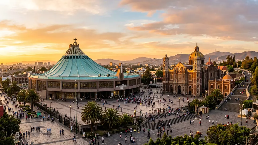 Fotorealistische Ansicht von Basilika von Guadalupe in Mexiko-Stadt, Mexiko im Abendlicht