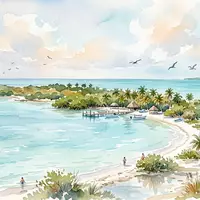 Aquarellillustration des Wahrzeichens Isla Contoy in Isla Contoy Mexiko, weiche Farbverläufe und pastelliges Reiseposter-Feeling - Foto: THN
